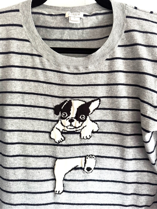 J. Crew Sweaters - J. Crew Gray and Black Striped Crewneck Sweater with French Bulldog Motif
